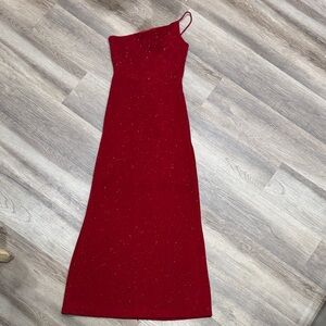 1990s VTG Night Way Collections Red Glitter one shoulder Maxi Evening Gown Dress